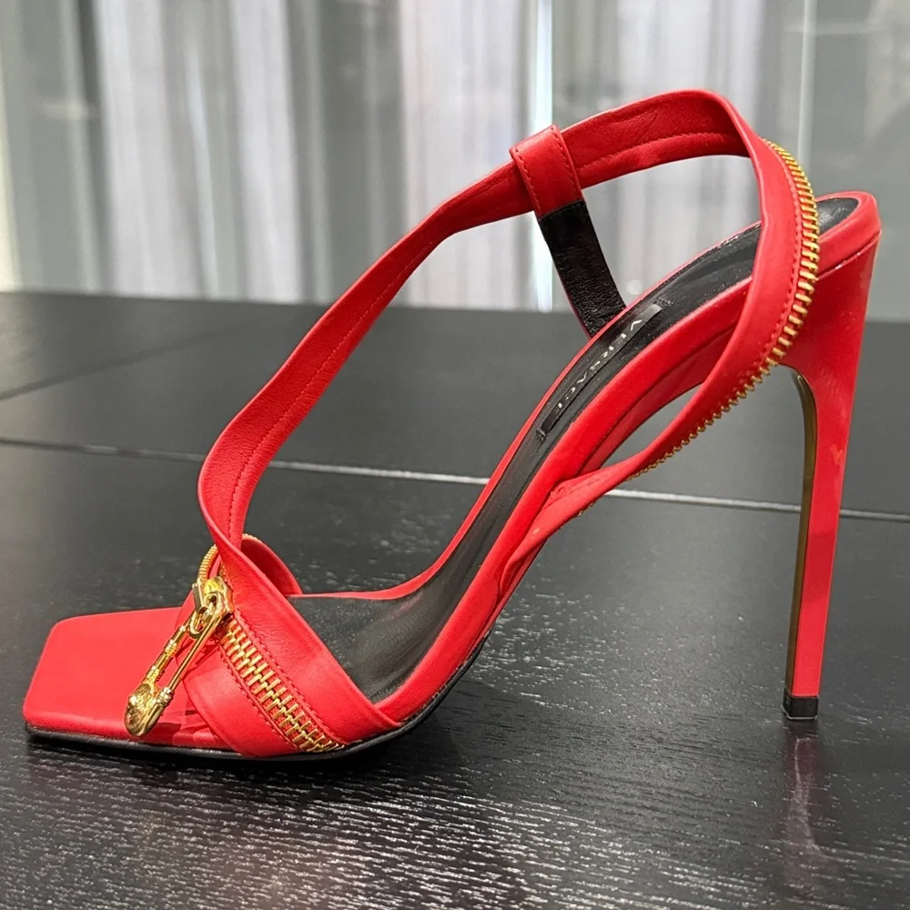 Versace Red Leather Zip Detail Heels | Size 38 | Gold Hardware - Picture 7 of 13